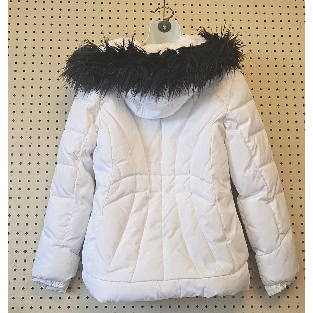 Bebe White Puffer Jacket Faux Fur Hood Fleece Lined Rhinestone Logo Women Medium - Picture 3 of 8